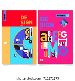 Vector covers design set with retro style. Cool geometric memphis style poster template with alphabets typography. Summer and autumn design template.