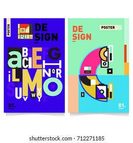 Vector covers design set with retro style. Cool geometric memphis style poster template with alphabets typography. Summer and autumn design template.
