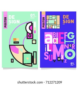 Vector covers design set with retro style. Cool geometric memphis style poster template with alphabets typography. Summer and autumn design template.