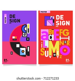Vector covers design set with retro style. Cool geometric memphis style poster template with alphabets typography. Summer and autumn design template.