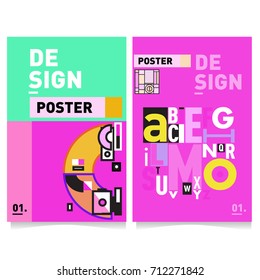 Vector covers design set with retro style. Cool geometric memphis style poster template with alphabets typography. Summer and autumn design template.