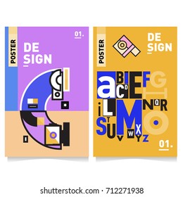 Vector covers design set with retro style. Cool geometric memphis style poster template with alphabets typography. Summer and autumn design template.