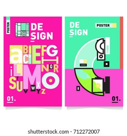 Vector covers design set with retro style. Cool geometric memphis style poster template with alphabets typography. Summer and autumn design template.