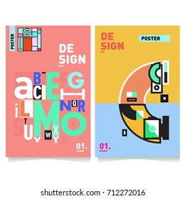 Vector covers design set with retro style. Cool geometric memphis style poster template with alphabets typography. Summer and autumn design template.