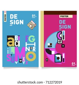 Vector covers design set with retro style. Cool geometric memphis style poster template with alphabets typography. Summer and autumn design template.