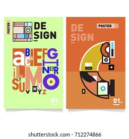 Vector covers design set with retro style. Cool geometric memphis style poster template with alphabets typography. Summer and autumn design template.