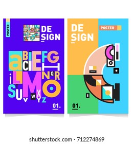 Vector covers design set with retro style. Cool geometric memphis style poster template with alphabets typography. Summer and autumn design template.