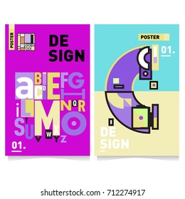 Vector covers design set with retro style. Cool geometric memphis style poster template with alphabets typography. Summer and autumn design template.