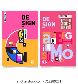 Vector covers design set with retro style. Cool geometric memphis style poster template with alphabets typography. Summer and autumn design template.