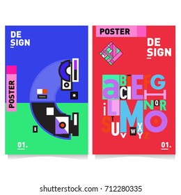 Vector covers design set with retro style. Cool geometric memphis style poster template with alphabets typography. Summer and autumn design template.