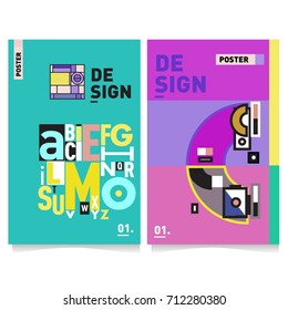 Vector covers design set with retro style. Cool geometric memphis style poster template with alphabets typography. Summer and autumn design template.