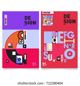 Vector covers design set with retro style. Cool geometric memphis style poster template with alphabets typography. Summer and autumn design template.