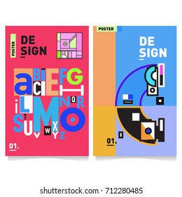 Vector covers design set with retro style. Cool geometric memphis style poster template with alphabets typography. Summer and autumn design template.