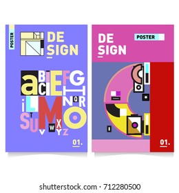 Vector covers design set with retro style. Cool geometric memphis style poster template with alphabets typography. Summer and autumn design template.