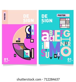 Vector covers design set with retro style. Cool geometric memphis style poster template with alphabets typography. Summer and autumn design template.