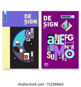 Vector covers design set with retro style. Cool geometric memphis style poster template with alphabets typography. Summer and autumn design template.