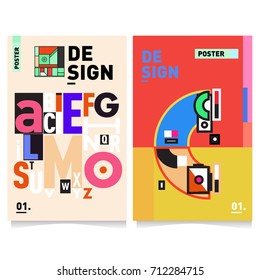 Vector covers design set with retro style. Cool geometric memphis style poster template with alphabets typography. Summer and autumn design template.
