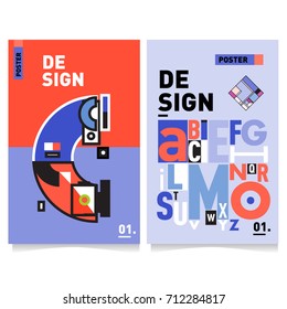 Vector covers design set with retro style. Cool geometric memphis style poster template with alphabets typography. Summer and autumn design template.