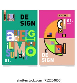 Vector covers design set with retro style. Cool geometric memphis style poster template with alphabets typography. Summer and autumn design template.