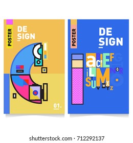 Vector covers design set with retro style. Cool geometric memphis style poster template with alphabets typography. Summer and autumn design template.