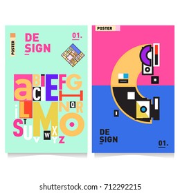 Vector covers design set with retro style. Cool geometric memphis style poster template with alphabets typography. Summer and autumn design template.