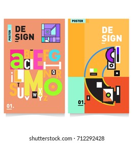 Vector covers design set with retro style. Cool geometric memphis style poster template with alphabets typography. Summer and autumn design template.