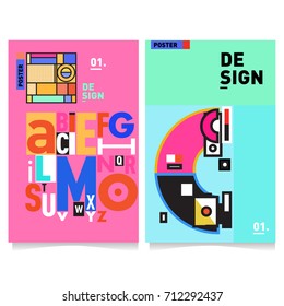 Vector covers design set with retro style. Cool geometric memphis style poster template with alphabets typography. Summer and autumn design template.