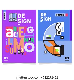 Vector covers design set with retro style. Cool geometric memphis style poster template with alphabets typography. Summer and autumn design template.