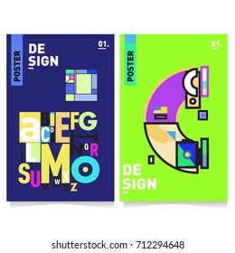 Vector covers design set with retro style. Cool geometric memphis style poster template with alphabets typography. Summer and autumn design template.