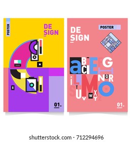 Vector covers design set with retro style. Cool geometric memphis style poster template with alphabets typography. Summer and autumn design template.
