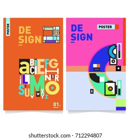 Vector covers design set with retro style. Cool geometric memphis style poster template with alphabets typography. Summer and autumn design template.