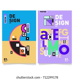 Vector covers design set with retro style. Cool geometric memphis style poster template with alphabets typography. Summer and autumn design template.