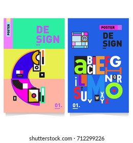 Vector covers design set with retro style. Cool geometric memphis style poster template with alphabets typography. Summer and autumn design template.