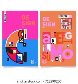 Vector covers design set with retro style. Cool geometric memphis style poster template with alphabets typography. Summer and autumn design template.