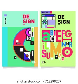 Vector covers design set with retro style. Cool geometric memphis style poster template with alphabets typography. Summer and autumn design template.