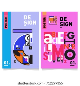 Vector covers design set with retro style. Cool geometric memphis style poster template with alphabets typography. Summer and autumn design template.