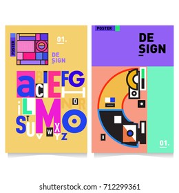 Vector covers design set with retro style. Cool geometric memphis style poster template with alphabets typography. Summer and autumn design template.