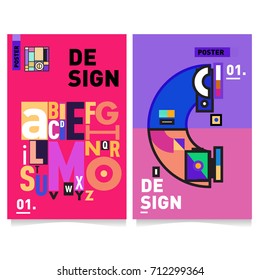 Vector covers design set with retro style. Cool geometric memphis style poster template with alphabets typography. Summer and autumn design template.