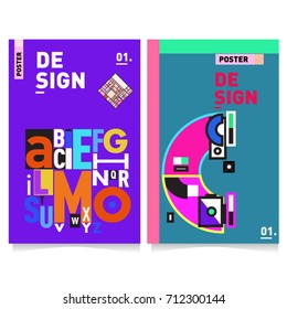 Vector covers design set with retro style. Cool geometric memphis style poster template with alphabets typography. Summer and autumn design template.