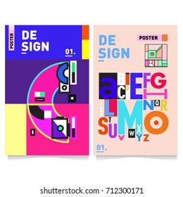 Vector covers design set with retro style. Cool geometric memphis style poster template with alphabets typography. Summer and autumn design template.