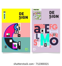 Vector covers design set with retro style. Cool geometric memphis style poster template with alphabets typography. Summer and autumn design template.