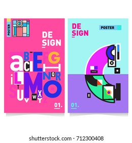 Vector covers design set with retro style. Cool geometric memphis style poster template with alphabets typography. Summer and autumn design template.