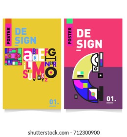 Vector covers design set with retro style. Cool geometric memphis style poster template with alphabets typography. Summer and autumn design template.