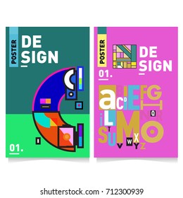 Vector covers design set with retro style. Cool geometric memphis style poster template with alphabets typography. Summer and autumn design template.