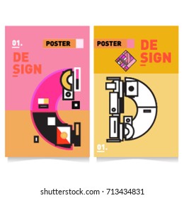 Vector covers design set with retro style. Cool geometric memphis style poster template with alphabets typography. Summer and autumn design template.