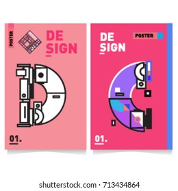 Vector covers design set with retro style. Cool geometric memphis style poster template with alphabets typography. Summer and autumn design template.