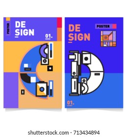 Vector covers design set with retro style. Cool geometric memphis style poster template with alphabets typography. Summer and autumn design template.