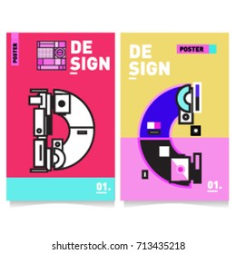 Vector covers design set with retro style. Cool geometric memphis style poster template with alphabets typography. Summer and autumn design template.