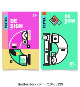 Vector covers design set with retro style. Cool geometric memphis style poster template with alphabets typography. Summer and autumn design template.