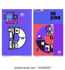 Vector covers design set with retro style. Cool geometric memphis style poster template with alphabets typography. Summer and autumn design template.